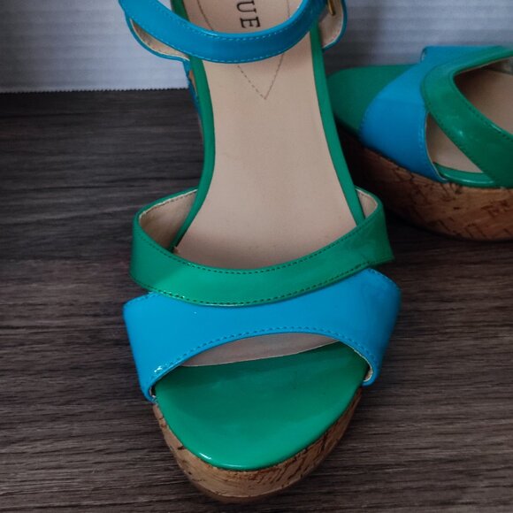 Guess wedge heel sandals blue & green cork sole women's size 8 ? - Picture 10 of 11